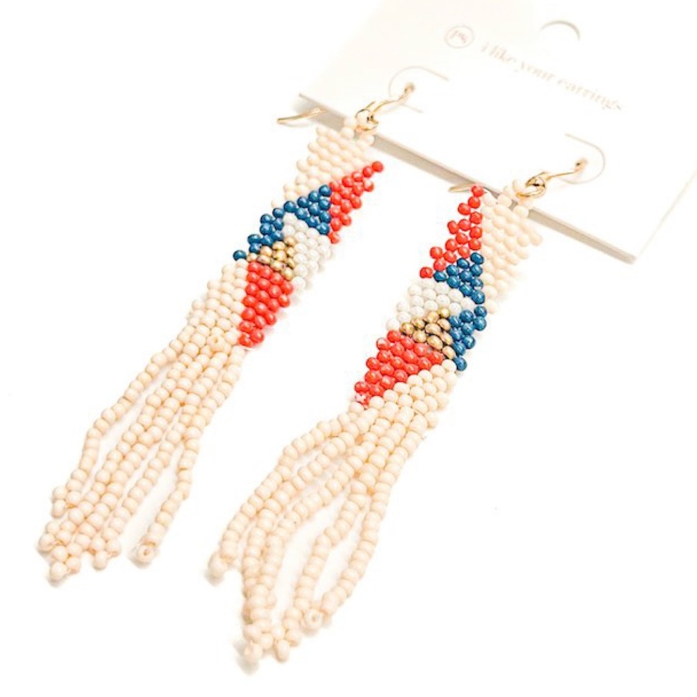 Beaded Fringe Earrings - Red, Blue, White